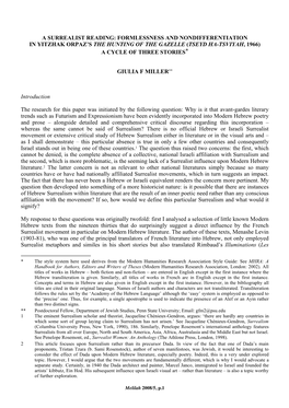 A Surrealist Reading: Formlessness and Nondifferentiation in Yitzhak Orpaz’S the Hunting of the Gazelle (Tseyd Ha-Tsviyah, 1966) a Cycle of Three Stories*