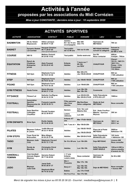 Activités À L'année Proposées Par Les Associations Du Midi Corrézien