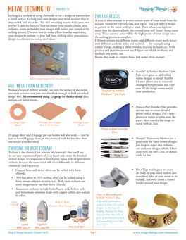 Metal Etching 101 #68-007-16 Etching Is a Method of Using Chemicals to Cut a Design Or Pattern Into Types of Resists a Metal Surface