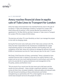 Amey Reaches Financial Close in Equity Sale of Tube Lines to Transport for London