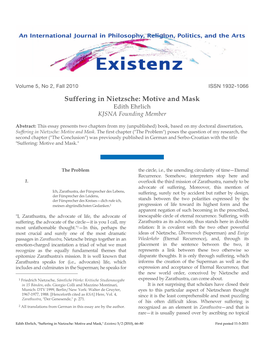 Suffering in Nietzsche: Motive and Mask Edith Ehrlich KJSNA Founding Member