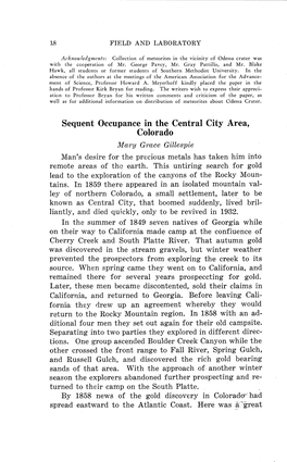 Sequent Occupance in the Central City Area, Colorado Lvl Ary Grace Gillespie Man's Desire for the Precious Metals Has Taken Him Into Remote Areas of the Earth