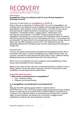 Intervention Summary of Information on Empagliflozin in COVID-19