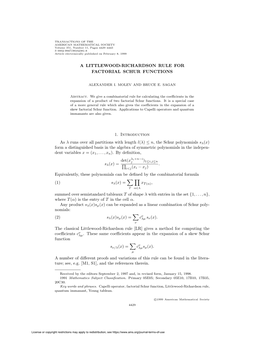 A LITTLEWOOD-RICHARDSON RULE for FACTORIAL SCHUR FUNCTIONS 1. Introduction As Λ Runs Over All Partitions with Length L(Λ)