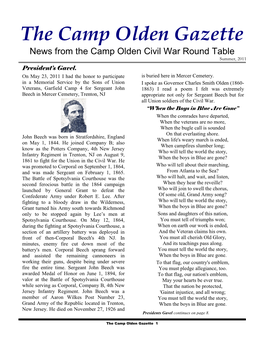 The Camp Olden Gazette News from the Camp Olden Civil War Round Table Summer, 2011 President’S Gavel