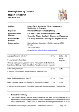 Birmingham City Council Report to Cabinet 16Th March 2021