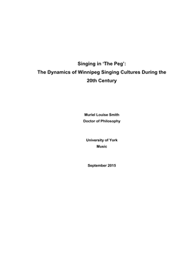 Singing in ‘The Peg’: the Dynamics of Winnipeg Singing Cultures During the 20Th Century