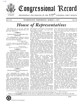 Congressional Record United States Th of America PROCEEDINGS and DEBATES of the 115 CONGRESS, FIRST SESSION