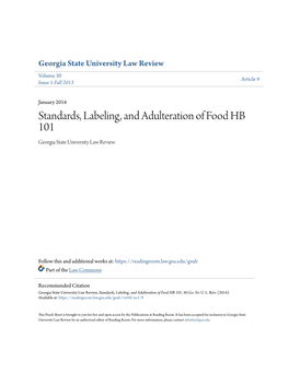 Standards, Labeling, and Adulteration of Food HB 101 Georgia State University Law Review