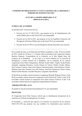 Comisión De Presupuesto Y Cuenta General De La Republica Periodo De Sesiones 2011-2012 Acta De La Sesión Ordinaria Nº 07 (08