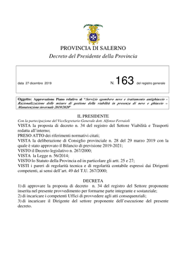 PROVINCIA DI SALERNO Decreto Del Presidente Della Provincia