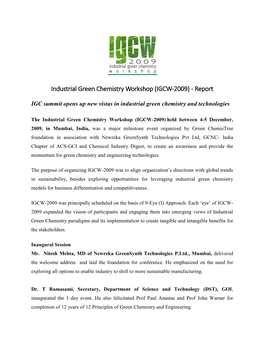 Industrial Green Chemistry Workshop (IGCW-2009) - Report