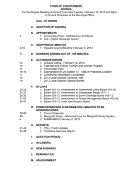 TOWN of CHESTERMERE AGENDA for the Regular Meeting of Council to Be Held Tuesday, February 19, 2013 at 6:00Pm in Council Chambers at the Municipal Office