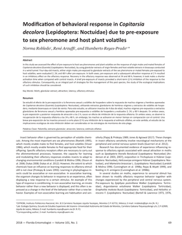 Lepidoptera: Noctuidae) Due to Pre-Exposure to Sex Pheromone and Host Plant Volatiles