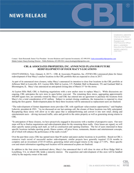 Cbl & Associates Properties, Inc. Announces Plans for Future Redevelopment of Four Macy's Locations
