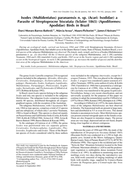 Ixodes (Multidentatus) Paranaensis N. Sp. (Acari: Ixodidae) a Parasite of Streptoprocne Biscutata (Sclater 1865) (Apodiformes: A