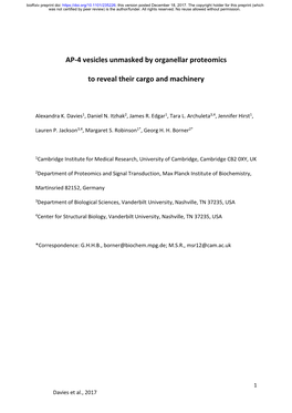 AP-4 Vesicles Unmasked by Organellar Proteomics to Reveal Their Cargo