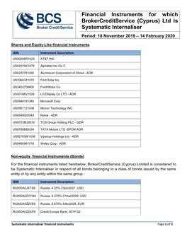 Financial Instruments for Which Brokercreditservice (Cyprus) Ltd Is Systematic Internaliser