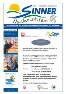 Sinner Nachrichten Nr. 10 Vom 07.03.2019