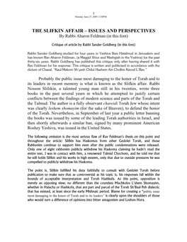 THE SLIFKIN AFFAIR – ISSUES and PERSPECTIVES by Rabbi Aharon Feldman (In This Font)