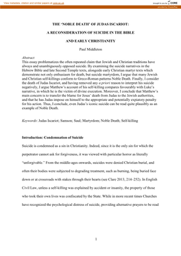 'NOBLE DEATH' of JUDAS ISCARIOT: a RECONSIDERATION of SUICIDE in the BIBLE and EARLY CHRISTIANITY Paul Middleton Abst