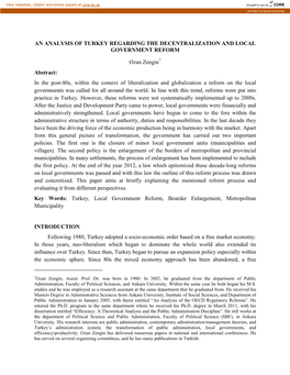 An Analysis of Turkey Regarding the Decentralization and Local Government Reform