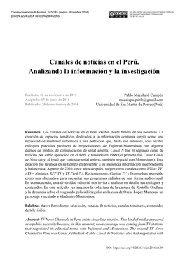 Canales De Noticias En El Perú. Analizando La Información Y La Investigación