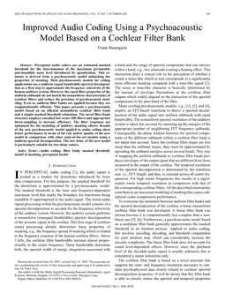 Improved Audio Coding Using a Psychoacoustic Model Based on a Cochlear Filter Bank Frank Baumgarte