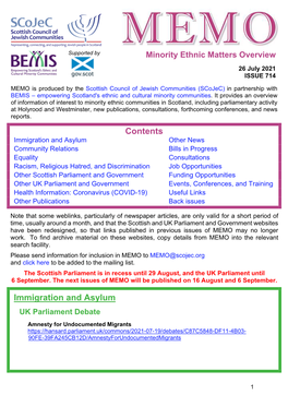 MEMO Is Produced by the Scottish Council of Jewish Communities (Scojec) in Partnership with BEMIS – Empowering Scotland's Ethnic and Cultural Minority Communities