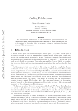 Arxiv:1703.05470V1 [Math.LO] 16 Mar 2017 Coding Polish Spaces