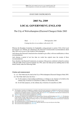The City of Wolverhampton (Electoral Changes) Order 2003
