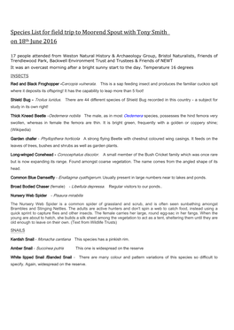 Species List for Field Trip to Moorend Spout with Tony Smith on 18Th June 2016