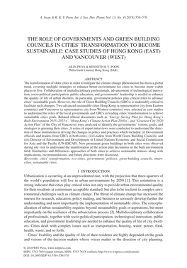 The Role of Governments and Green Building Councils in Cities’ Transformation to Become Sustainable: Case Studies of Hong Kong (East) and Vancouver (West)