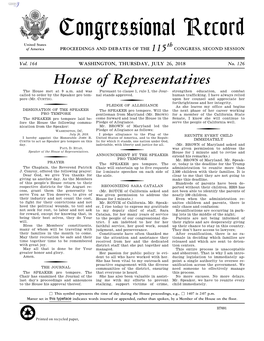 Congressional Record United States Th of America PROCEEDINGS and DEBATES of the 115 CONGRESS, SECOND SESSION