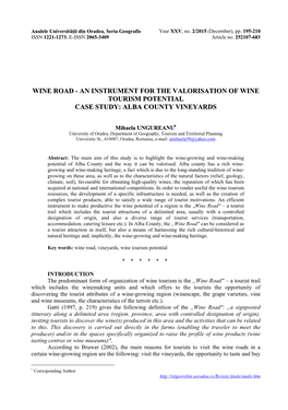 Wine Road - an Instrument for the Valorisation of Wine Tourism Potential Case Study: Alba County Vineyards