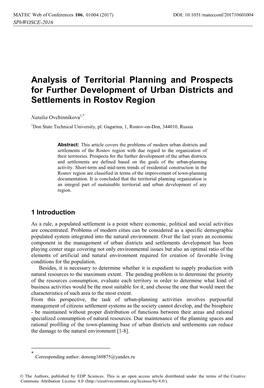 Analysis of Territorial Planning and Prospects for Further Development of Urban Districts and Settlements in Rostov Region