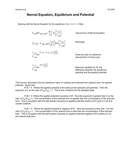 Nernst Equation, Equlibrium and Potential