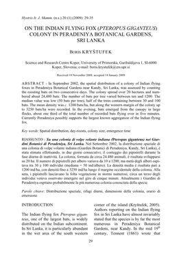 On the Indian Flying Fox (Pteropus Giganteus) Colony in Peradeniya Botanical Gardens, Sri Lanka