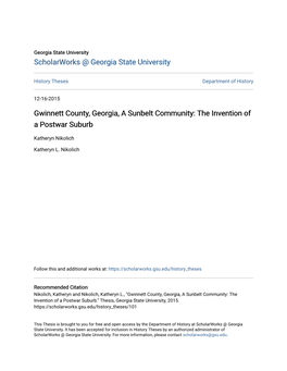 Gwinnett County, Georgia, a Sunbelt Community: the Invention of a Postwar Suburb