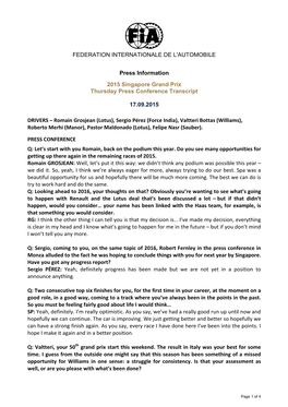 FEDERATION INTERNATIONALE DE L'automobile Press Information 2015 Singapore Grand Prix Thursday Press Conference Transcript 17.0