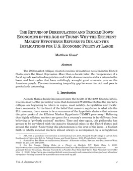 The Return of Deregulation and Trickle-Down Economics in the Age of Trump: Why the Efficient Market Hypothesis Refuses to Die and the Implications for U.S