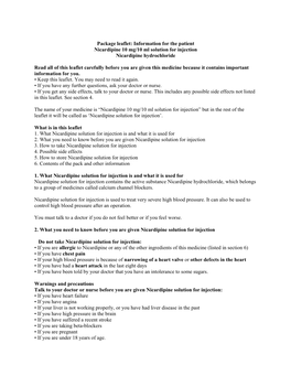 Information for the Patient Nicardipine 10 Mg/10 Ml Solution for Injection Nicardipine Hydrochloride