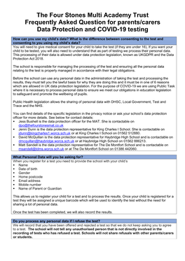 The Four Stones Multi Academy Trust Frequently Asked Question for Parents/Carers Data Protection and COVID-19 Testing