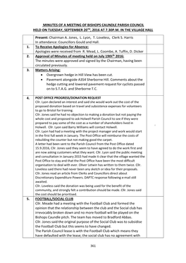 Minutes of a Meeting of Bishops Caundle Parish Council Held on Tuesday, September 20Th, 2016 at 7.30P.M