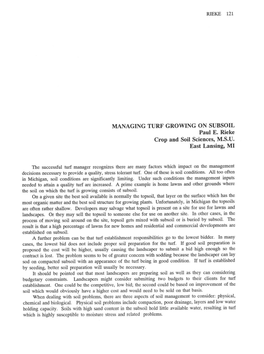 MANAGING TURF GROWING on SUBSOIL Paul E. Rieke Crop and Soil Sciences, M.S.U. East Lansing, MI