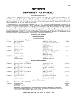 NOTICES DEPARTMENT of BANKING Actions on Applications