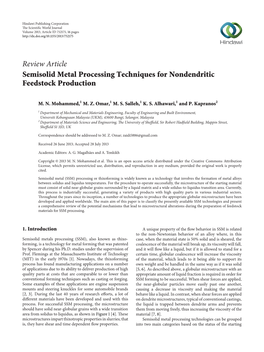 Review Article Semisolid Metal Processing Techniques for Nondendritic Feedstock Production