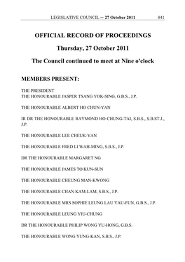 OFFICIAL RECORD of PROCEEDINGS Thursday, 27