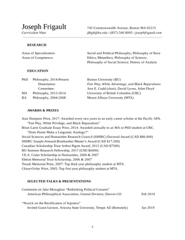 Joseph Frigault 745 Commonwealth Avenue, Boston MA 02215 Curriculum Vitae Jlfrglt@Bu.Edu / (857) 540 8095 / Josephfrigault.Com