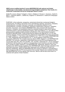 ABVD Versus Modified Stanford V Versus MOPPEBVCAD With